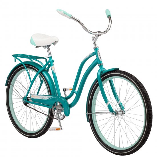 Schwinn Huntington Cruiser Bike, 26\" wheels, single speed, women frame, teal, relaxed, rear rack