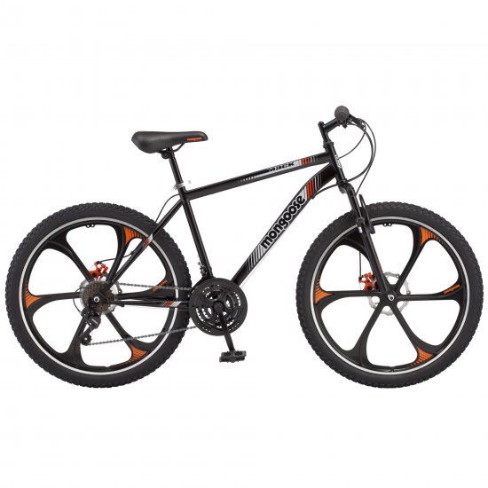 Mongoose Mack Mag Wheel Mountain Bike, 26\" Wheels, 21 Speeds Shimano Revo Twist Shifters, Men\'s Frame, Orange & White On Black
