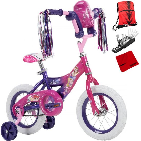 Huffy 22450 Disney Minnie Mouse Girls\' Bike with Training Wheels 12-inch Bundle with Drawstring Bag for Daily Use, 16-in-1 Multi-Function Bike Repair Tool Kit and Cleaning Cloth